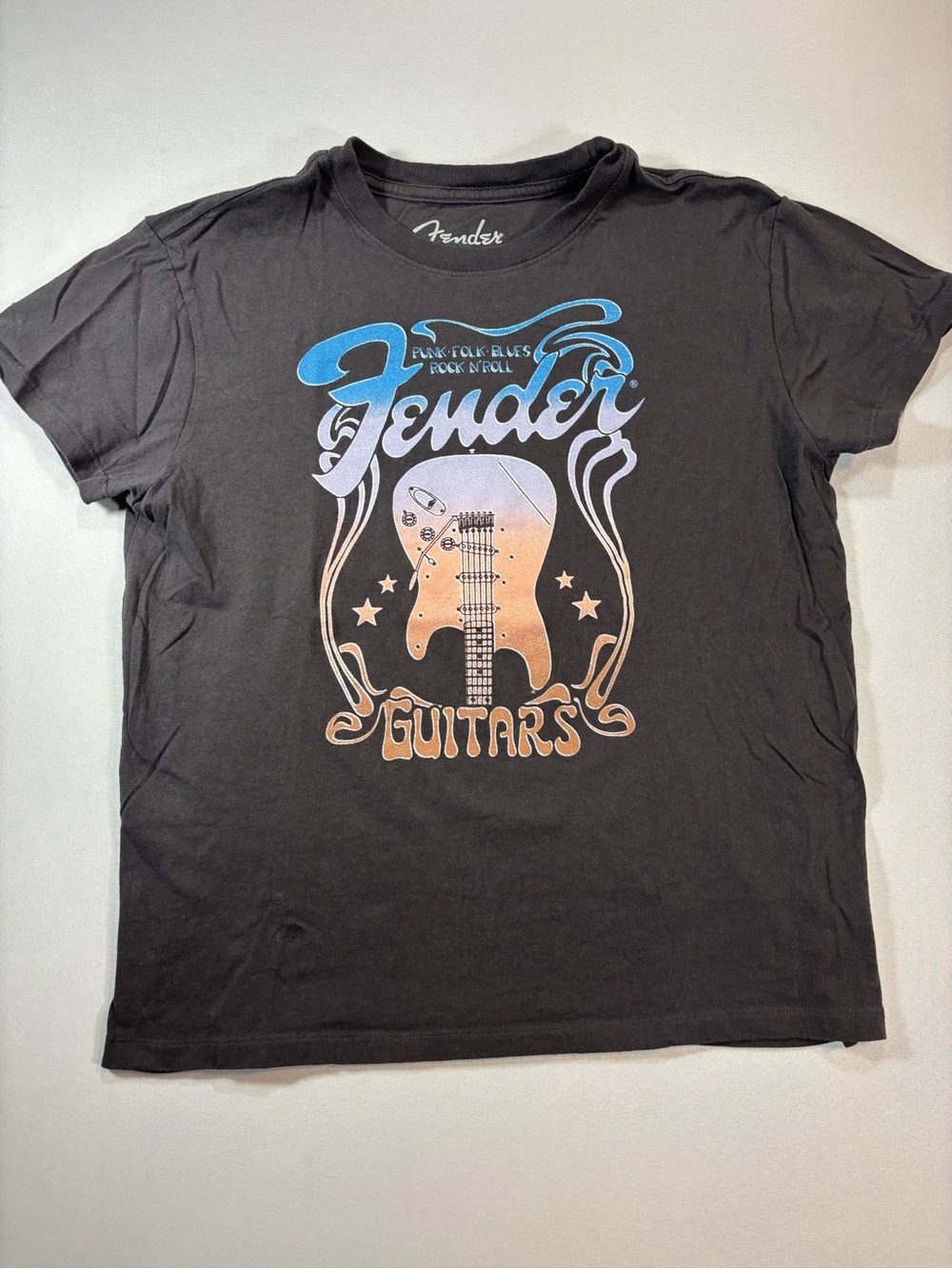 Fender Black Tee with Blue and Tan Guitar Graphic Women's M
